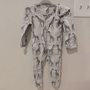 Kate Quinn 3-6 month button footie in a gray giraffe print